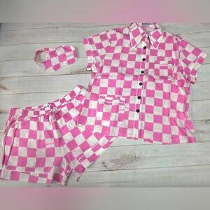 PATTIINI Pink Check Short Sleeve Pajama Lounge Set W/ Eye Mask Medium - NWT